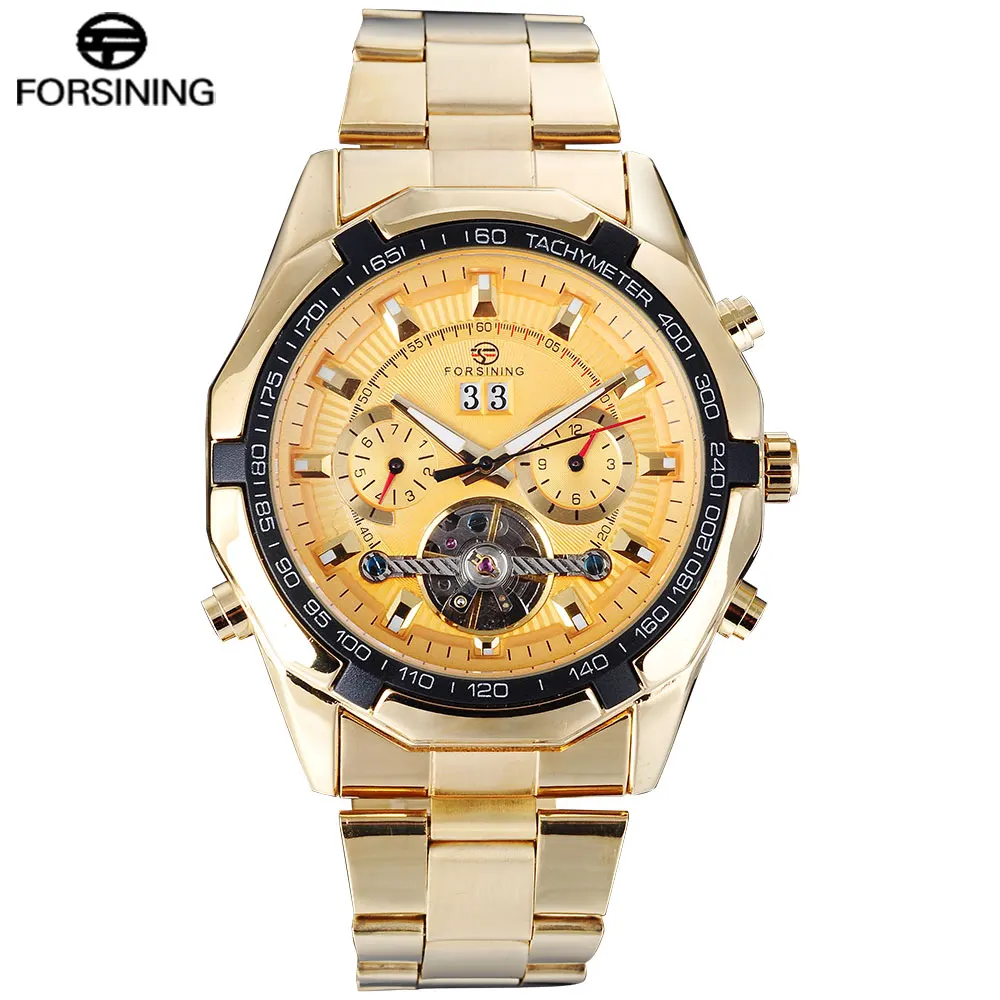 

FORSINING Men Luxury Automatic Mechanical Watches Men Gold Stainless Steel Calendar Tourbillon Wristwatches Relogio Masculinos