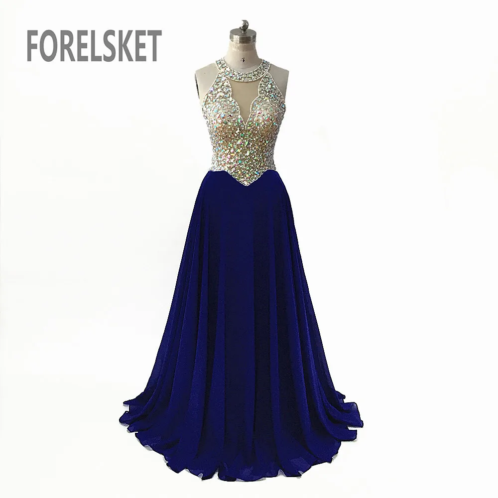 Женское шифоновое платье трапеция длинное синее с круглым вырезом расшитое