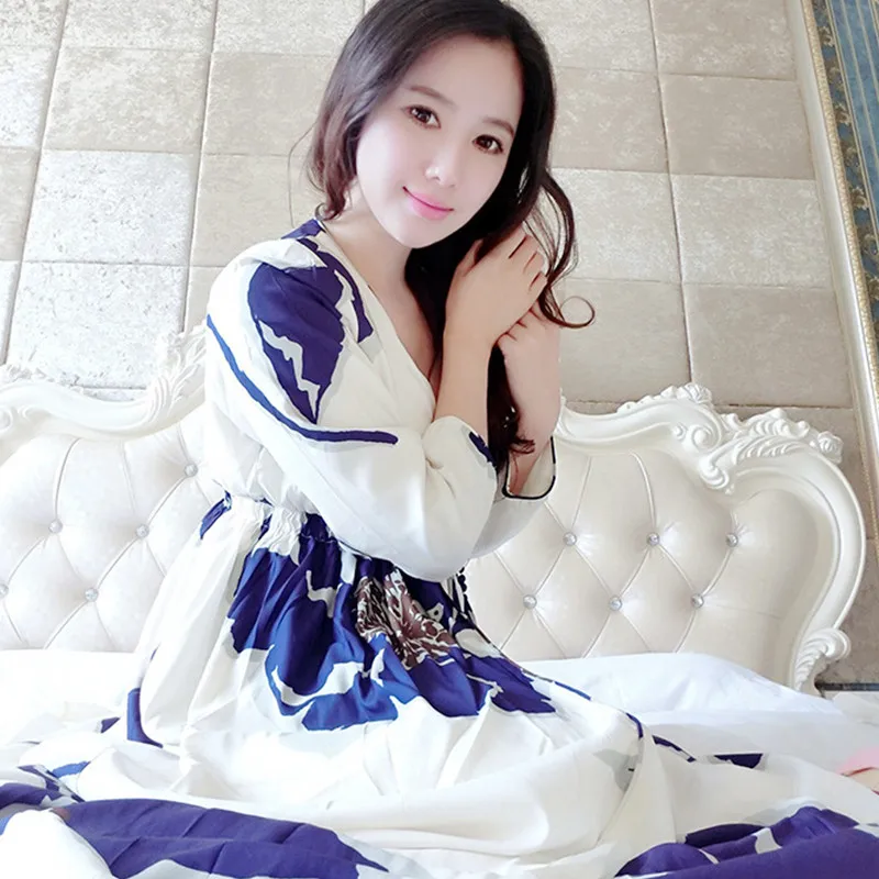 Модная шелковая пижама с принтом длинная ночная рубашка Женский комплект из двух