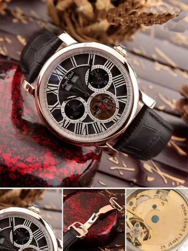 

Luxury Brand New Men Automatic Mechanical Watch Rose Gold White Blue Leather Tourbillon Rome Dual Time Skeleton Daydate Sapphire