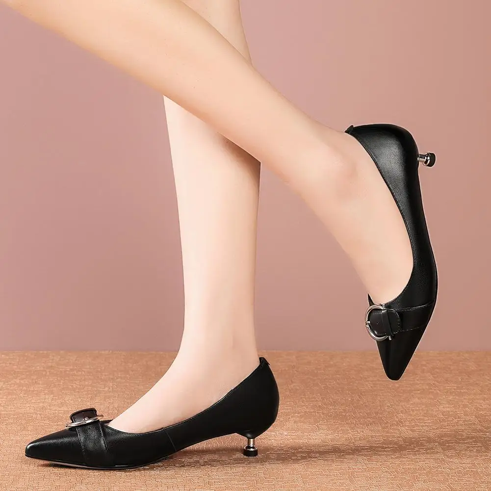 

KARINLUNA Fashion Genuine Leather Lady Buckle Decoration Spring Slip On Pumps Thin Heel Pointed Toe OL Pumps Women Shoes Woman
