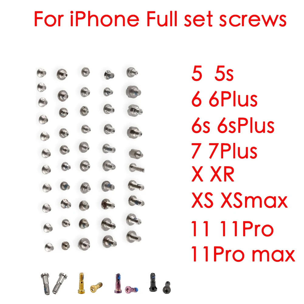 Полный комплект винтов полный с 2 нижними винтами для iPhone 5 6 P 6s 6sP 7 8 Plus X XR XS max 11 Pro