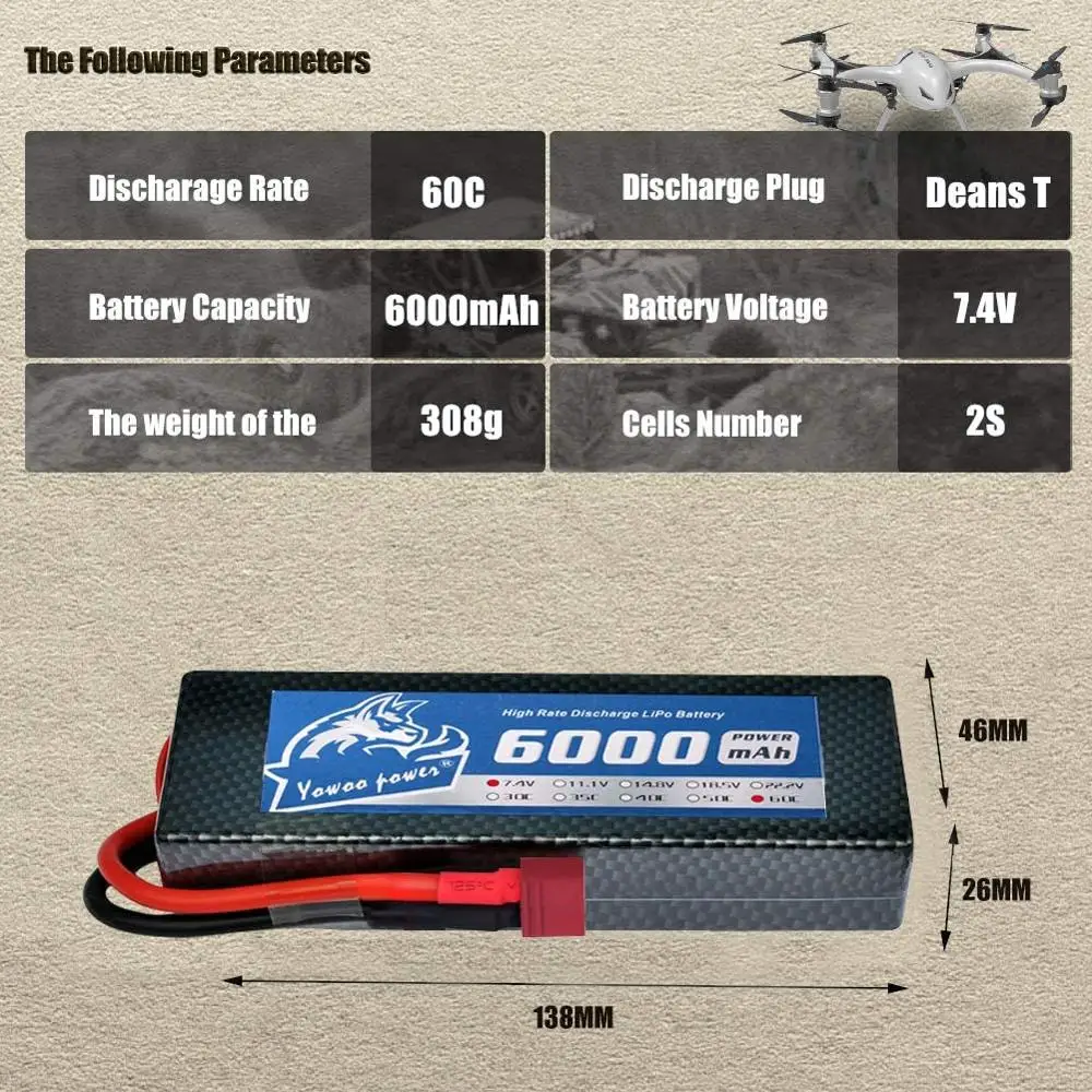 

YOWOO Lipo Battery 2S 7.4V 6000mah 60C Hard Case with T Deans plug For RC 4X4 1/10 1/8 Car Boat RC Truck Boat Helicopter Drone