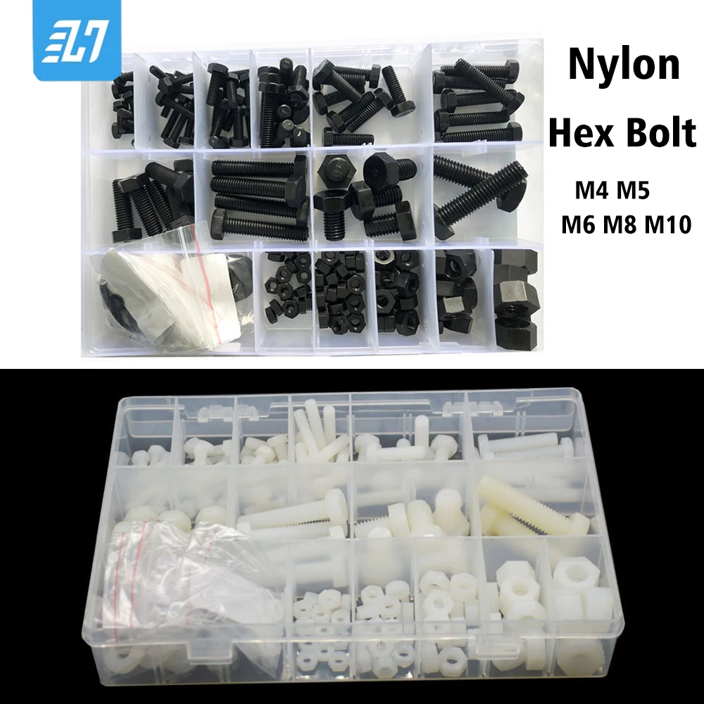 

Nylon Hex Bolt Metric Thread Hexagon Flat Washer Screw Nut Assortment Kit Black White M4 M5 M6 M8 M10