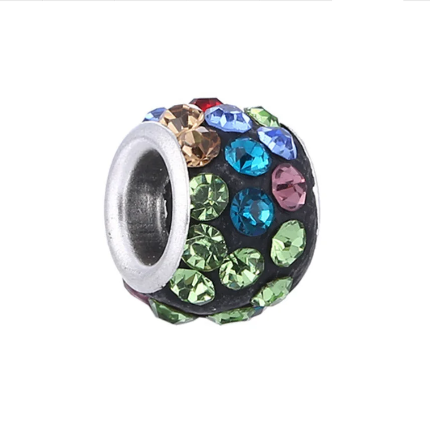 Дешево!!! 100 шт. модные круглые глиняные вставки с ринестонами, серебряное ядро, бусины европейского стиля с большим отверстием, подходят для браслета 11 см.