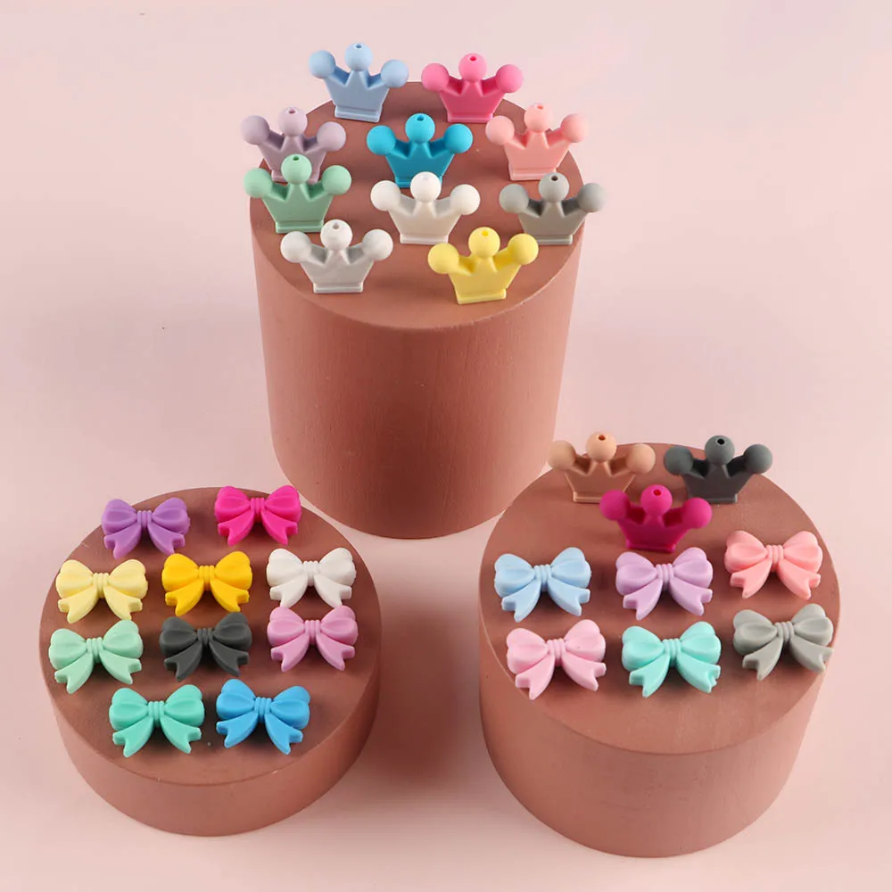 

Sunrony 10Pcs New Bowknot /Crown Silicone Beads Food Grade DIY Pacifier Chain Pendant Accessories Chewable Teether Baby Toys