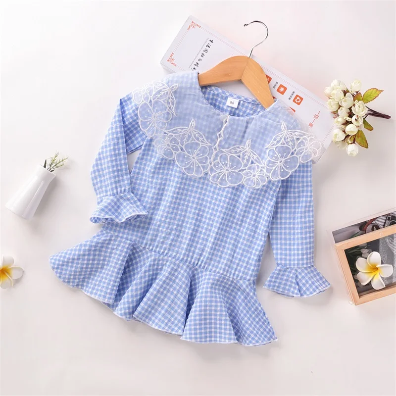 

Sweet Girls Dress Autumn Long Sleeve Plaid Pattern Lace Collar Dresses for Kids Children