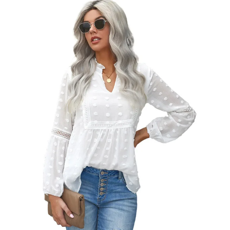 

Shiying 2021 Spring and Summer New Pure Color Chiffon Shirt Bubble Sleeve Lace Pullover V-neck Loose Leisure Long Sleeve Top