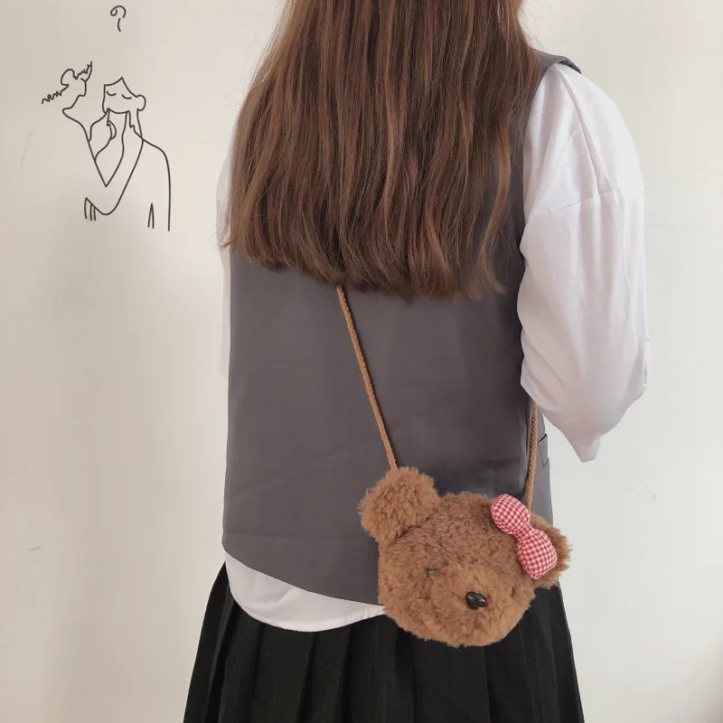 

Korean bear plush bag Girl cute sweet bow mini coin purse cartoon doll messenger shoulder bag female