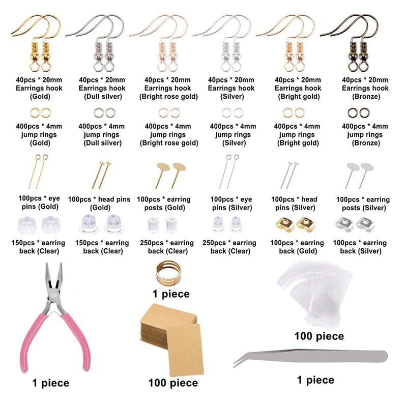 

Earring Making Supplies Kit with Earring Hooks, Jump Rings, Pliers, Earring Backs and Cards for DIY Earring Findings