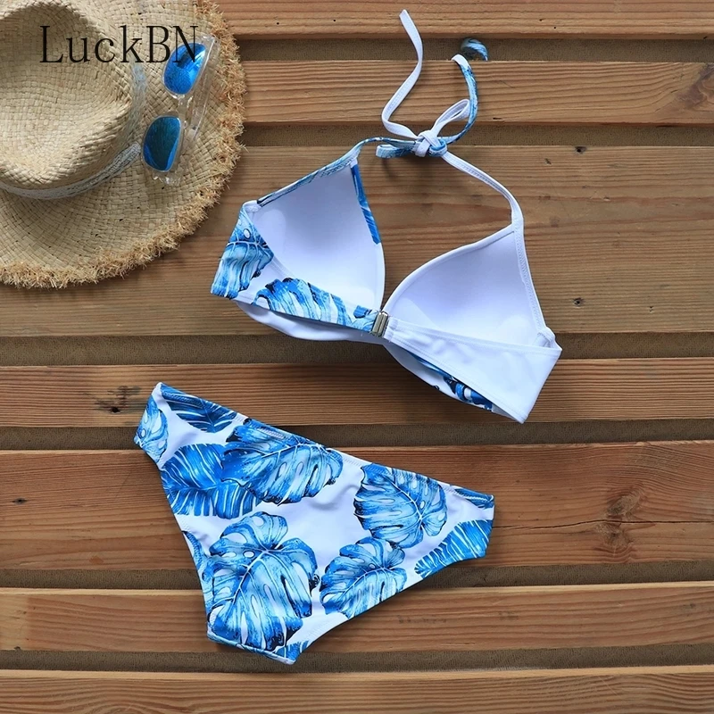 

Sexy Push Up Bikinis Set Swimwear Women Clothing Swimsuits Bathing Suit Women Halter Biquini Leaf Print Beach Wear Bikini 2021