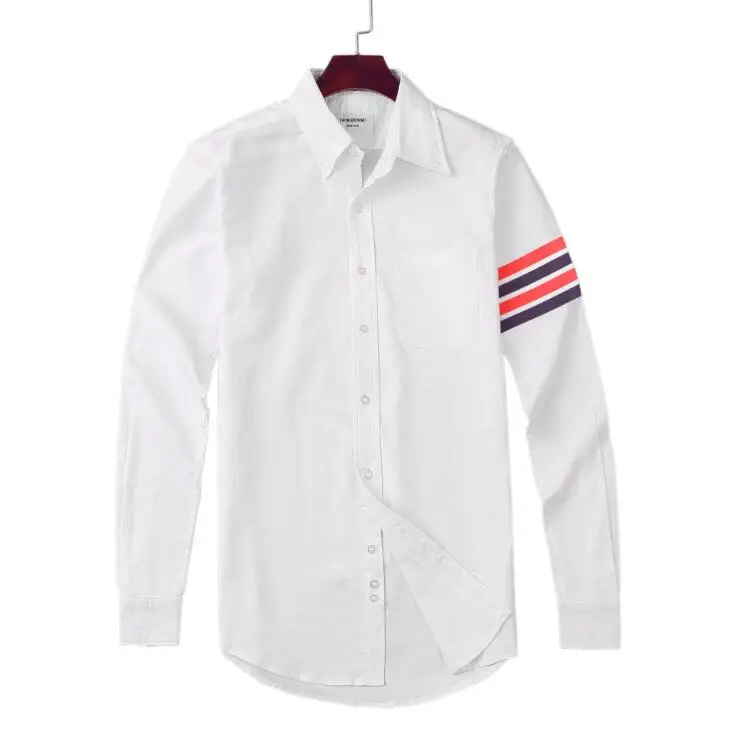 

TB 2021 Fashion THOM Brand Shirts Men Slim White Red Black Striped Casual Shirt Turn Down Collar Oxford Solid Men's Clothing