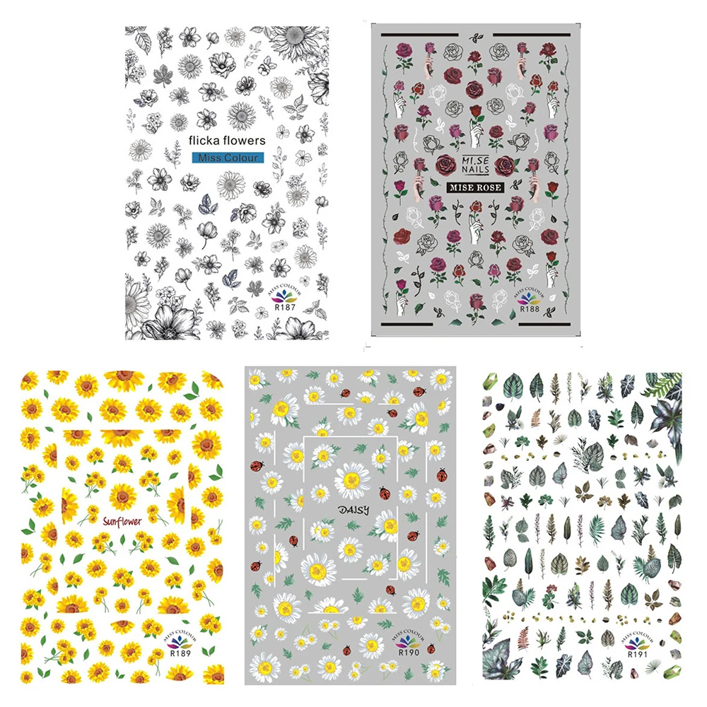 3D смешанные ультра-тонкие ногтей Стикеры листьев розы Маргаритка на ногти Фольга