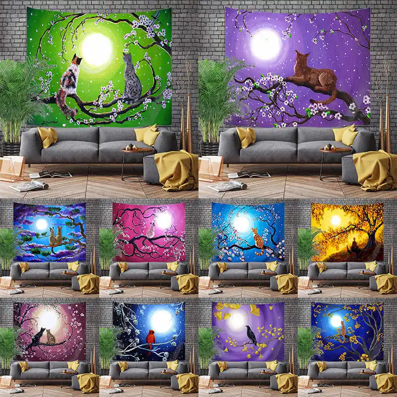 Природное искусство Луна гобелен горы галактика звездное небо Кот Висячие