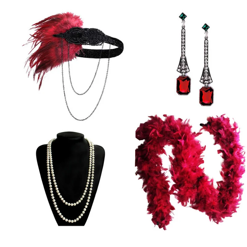 Платье для вечеринки в стиле Великого Гэтсби 1920-х годов дополнено винно-красными перьевыми аксессуарами для волос.