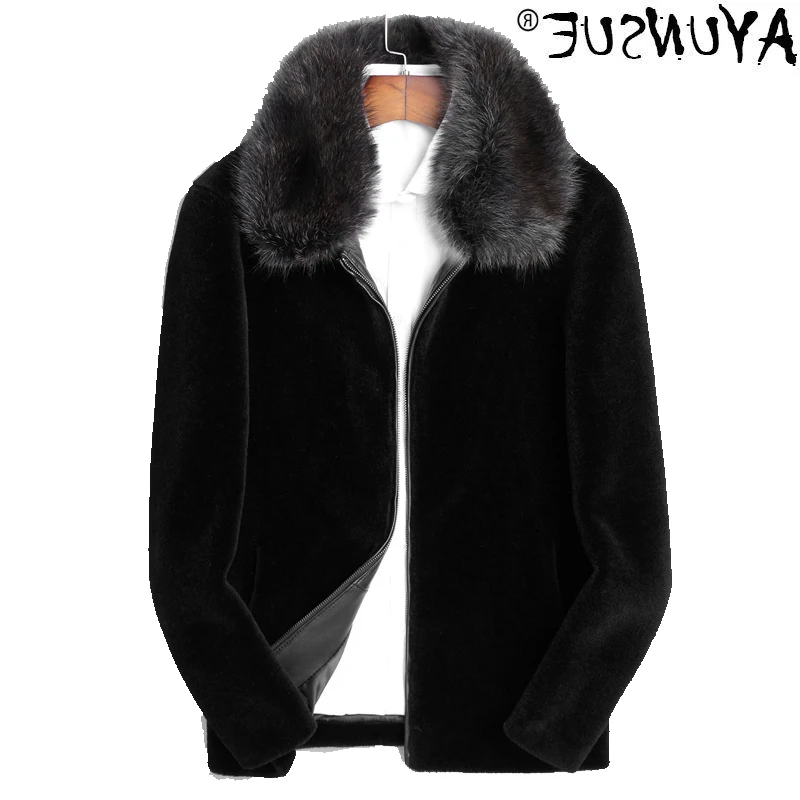 

Men's 100% wool jacket, Royal sheepskin coat, raccoon collar, winter,