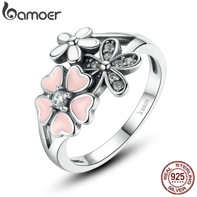 

BAMOER Fashion 925 Sterling Silver Pink Flower Poetic Daisy Cherry Blossom Finger Ring for Women #6 7 8 9 Size Jewelry SCR004