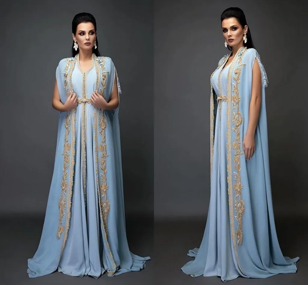 

Light Sky Blue Chiffon Long Sleeve Evening Dresses Moroccan Caftan With Gold Embroidery Islamic Dubai Saudi Arabic Prom Dress Ab