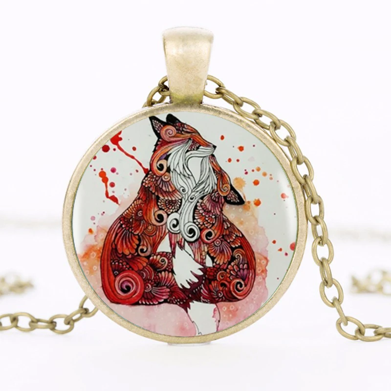 

2021 Fox with Her Baby Pendant Choker Statement Round Necklace For Women Dress Accessories Glass Dome Jewelry Cartoon necklace