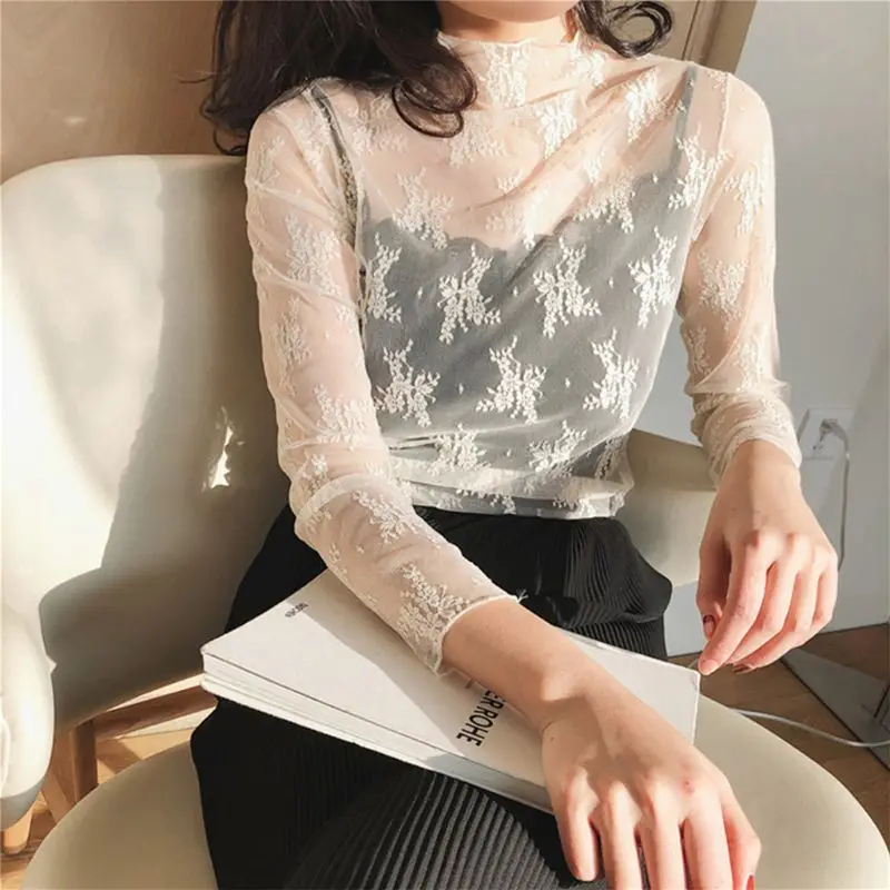 

Womens blouses Summer Spring transparent Feminina Mesh Basic Long Sleeve top Mock Neck Solid Color Embroidered Floral Lace