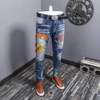 fashion streetwear men jeans blue color slim fit elastic embroidery designer ripped jeans men pencil pants hip hop jeans homme