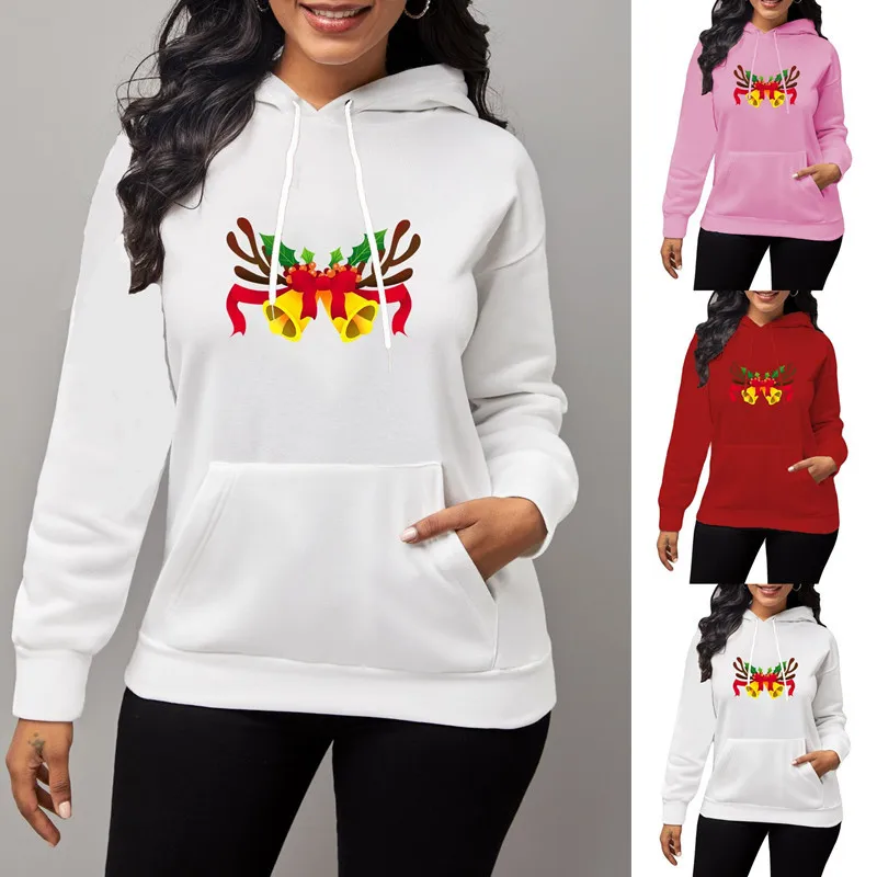 

Женский Рождественский пуловер, бархатные свитшоты, топы с капюшоном, Повседневная Свободная уличная одежда с принтом и карманами, женская ...