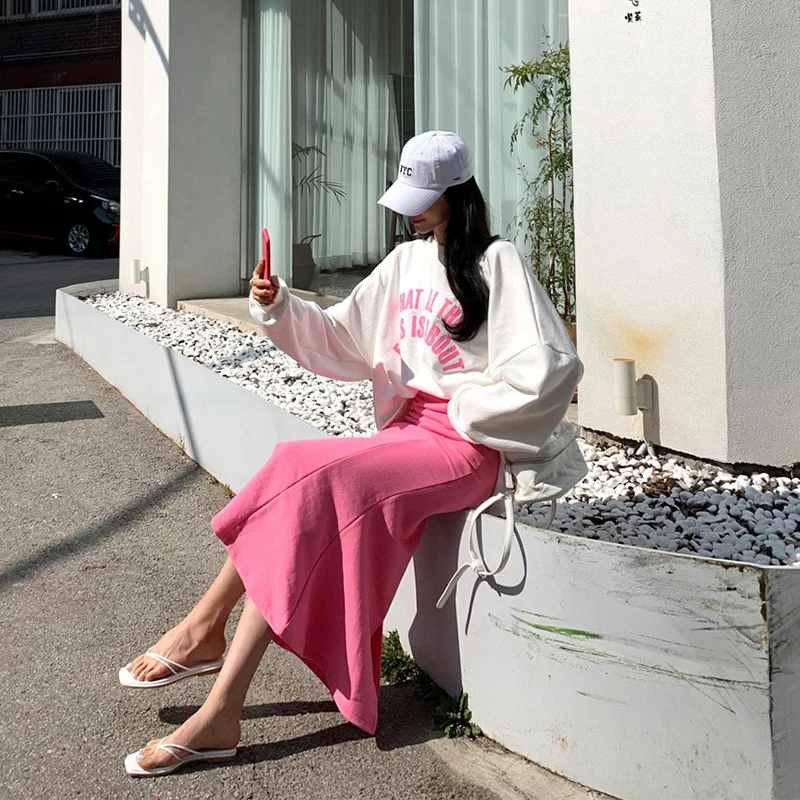 

TVVOVVIN New Spring Korean Loose Long Sleeve Sweatshirt For Female Simple Letter O-neck Pullover Tops+solid Color Skirt XNTC