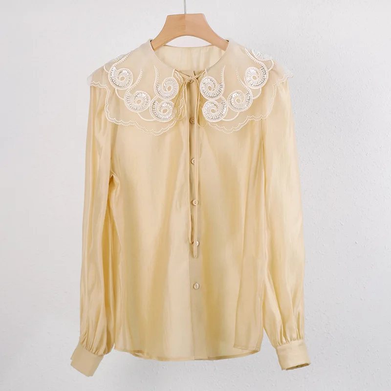 

Spring New Designer Women's High Quality Beading Sweet Shirts Hot Fashion Women blouses Top C202