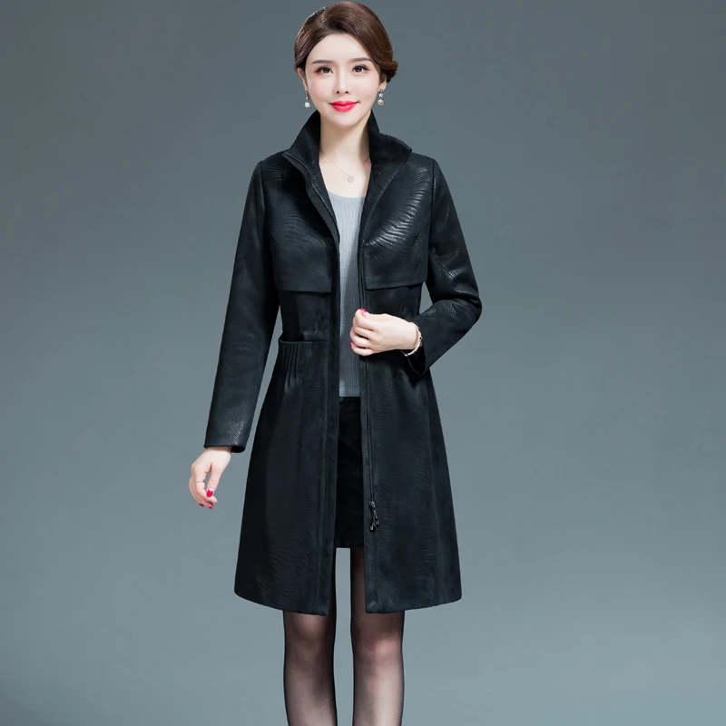 Women Black Faux Leather Jacket XL-6XL Middle-aged Ladies Retro Loose Faux Sheepskin Trench Long Coat Streetwear Female Clothing