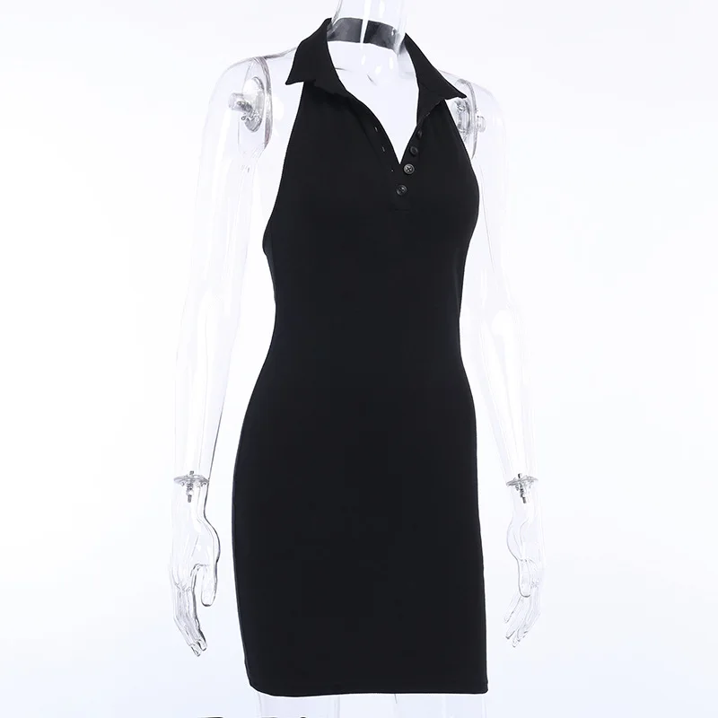 

WJFZQM Casual Ribbed Knitted Summer Bodycon Dress Women Sleeveless Turn Down Backless Black Wrap Dress Ladies Sexy Party Dresses