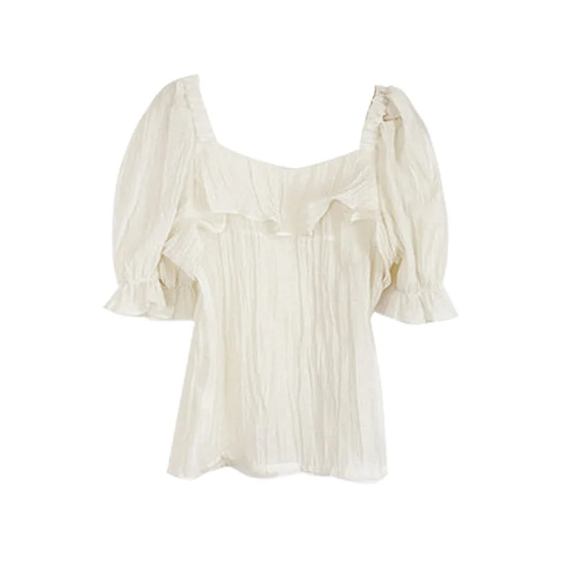 

Fairy Pleated Slimming Age Reduction Lotus Leaf Side Court Puff Sleeve Square Collar Shirt Summer Wn*