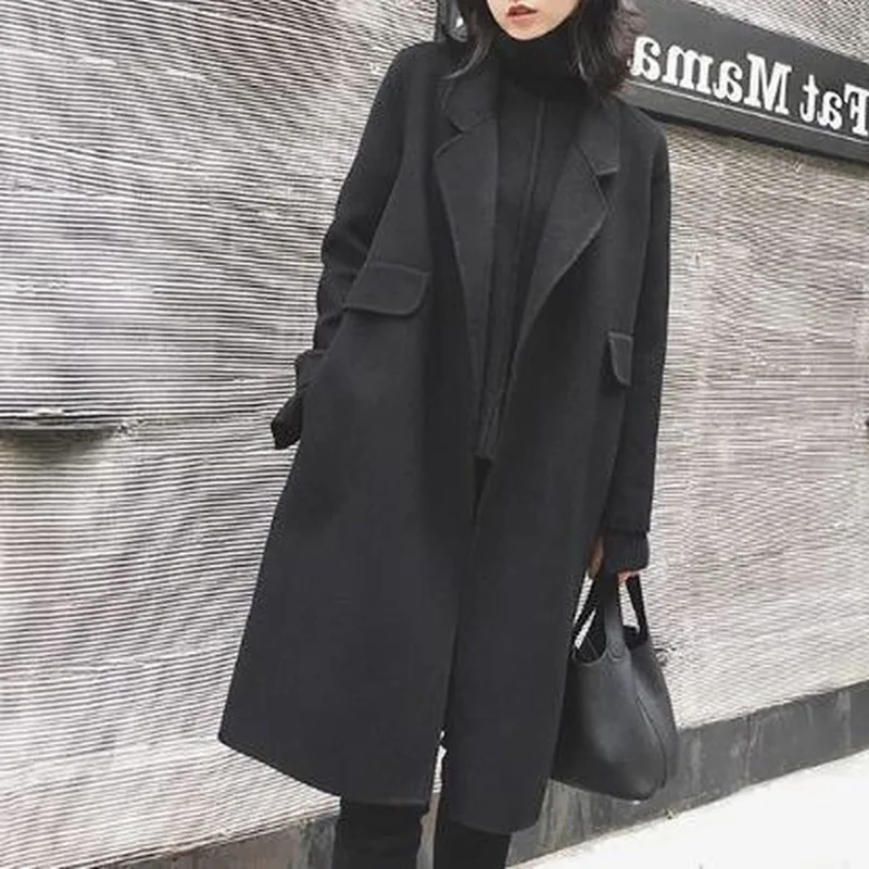 

Autumn Woman Jacket Pockets Solid Turn-down Collar Loose Wool Long Woman Parkas Winter Coat Women Elegant Abrigos Para Mujer