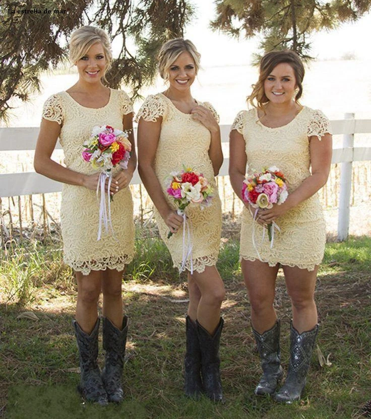 

Vestido para festa de casamento new Scoop neck lace short sleeve light yellow sexy mermaid bridesmaid dress short wedding guest