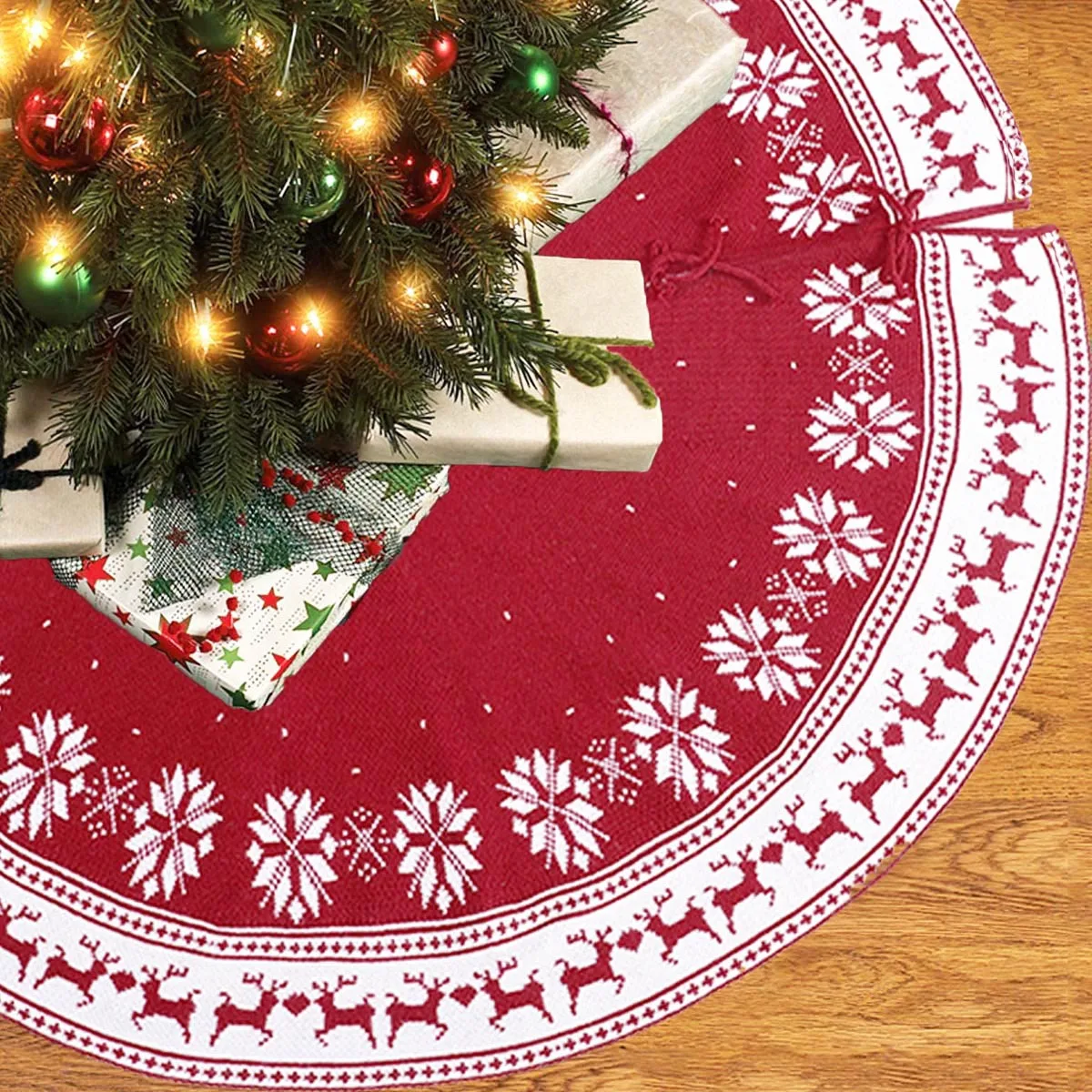 

2020 New Christmas Tree Bottom Decorations 90cm/122cm Snowflake Deer Pattern Red Knitted Christmas Tree Skirt