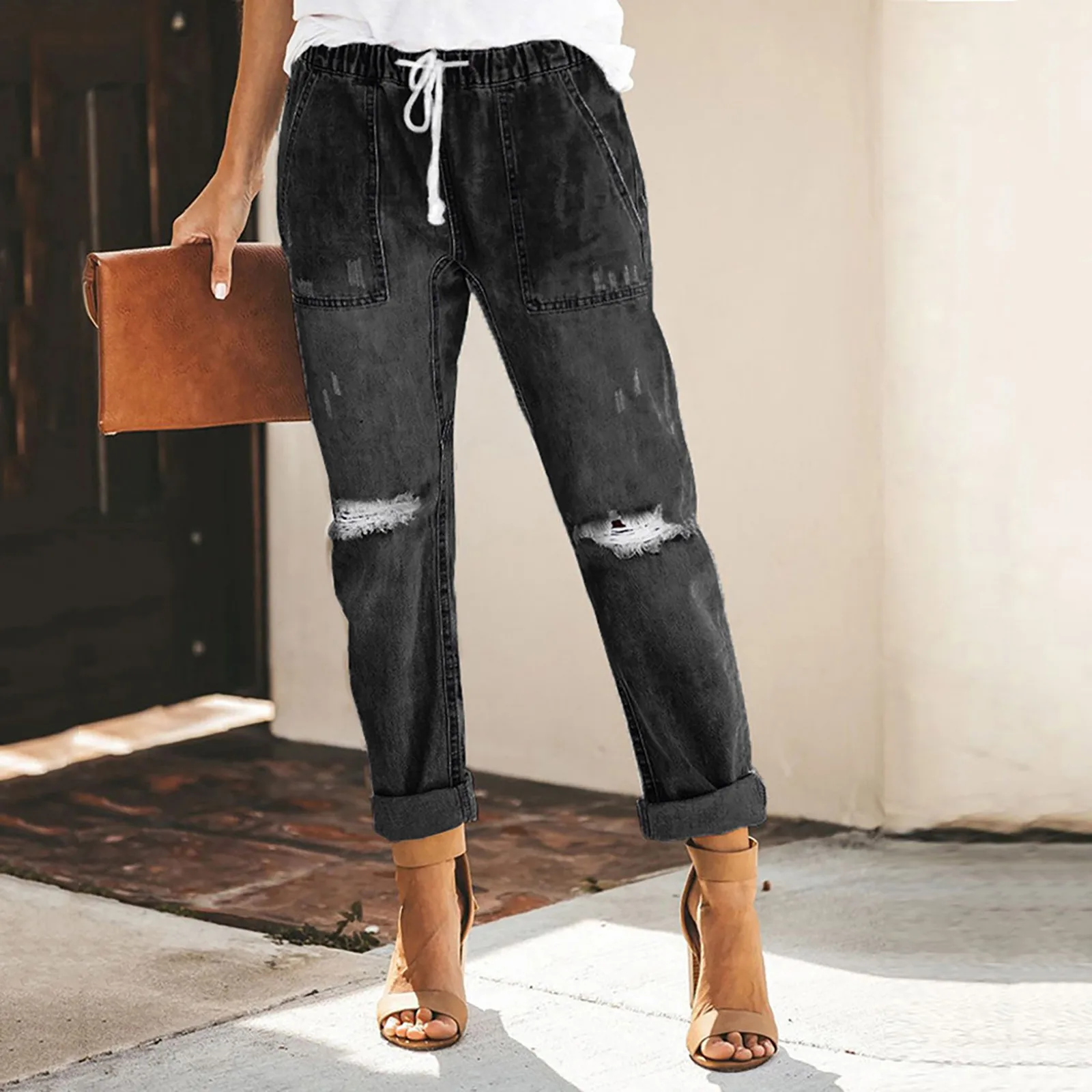 

Модные узкие джинсы со средней талией, женские винтажные потертые джинсовые брюки, Осенние обтягивающие брюки-карандаш с оборками, повседн...