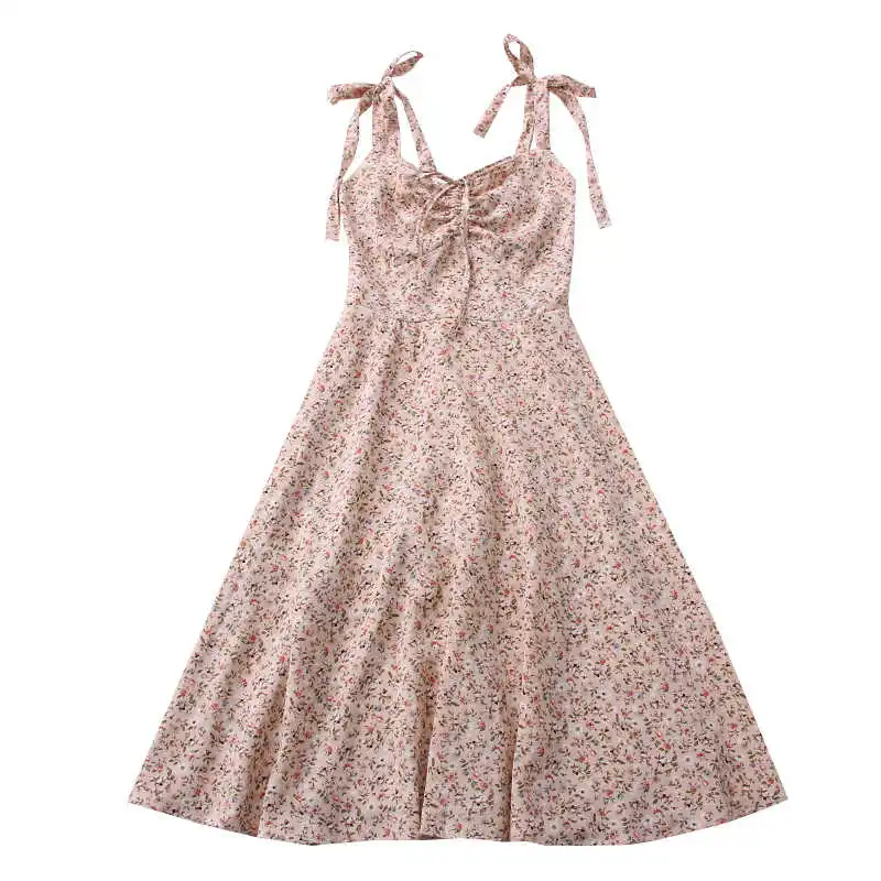 

2021 spring / summer new sweet and versatile floral print pleated drawstring lace up bowknot suspender dress