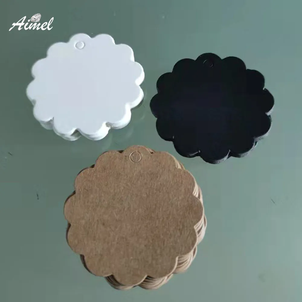 

100pcs/lot Round Flower Shaped Paper Tags White Black Brown Kraft Label Luggage Wedding Note Blank Price Hanging Tag 6cm
