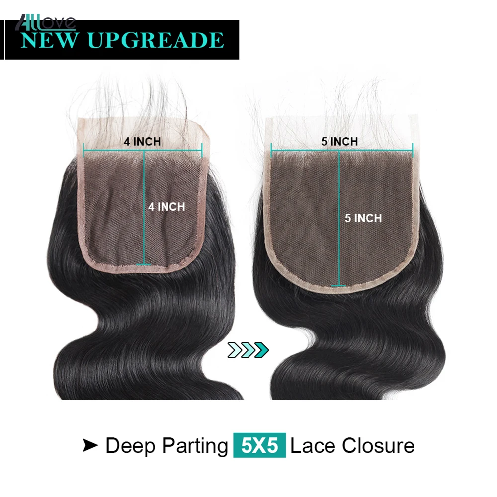 Allove бразильские волнистые волосы пряди с закрытием бесплатная часть 5X5 Кружева