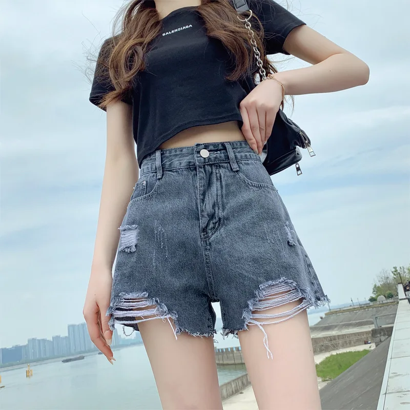 

Рваные Широкие джинсовые шорты для женщин с высокой талией с необработанными краями в Корейском стиле модные джинсовые штаны размера плюс ...