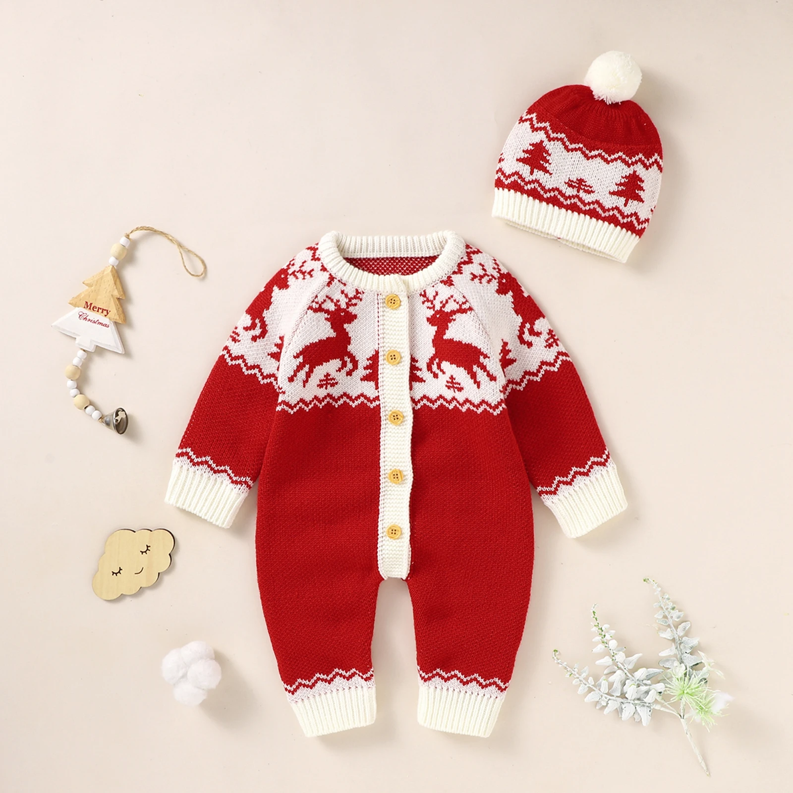 

Baby Autumn Winter Warm Unisex Romper Cute Fawn Knitted Single-breasted Long Sleeve Jumpsuit WithPompom Hat XMAS Casual Clothes