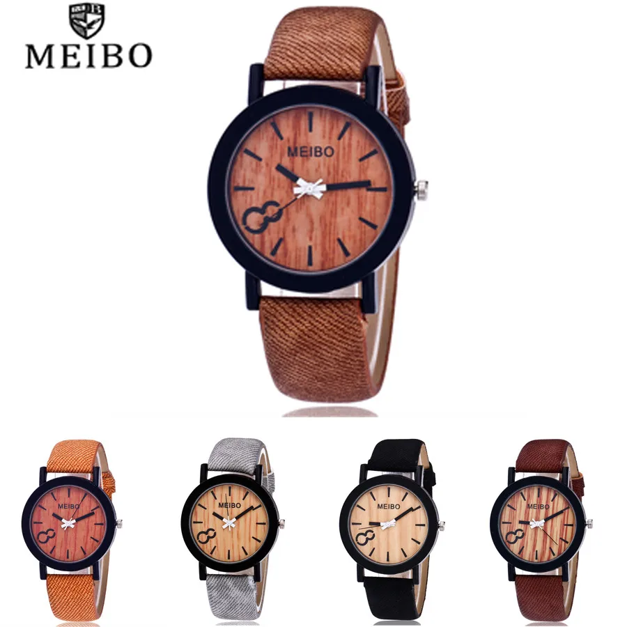 

Meibo Modeling Wooden Quartz Mens Watch Casual Wooden Color Leather Watch Dames Horloges Wall Clock Band New Strap Watch#3