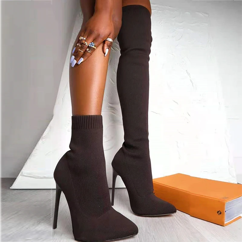 

Women Sock Ankle Boots Women Tight Mid-Calf High Heels Woman Sexy Pointed Toe Pumps Ladies Beige Footwear Female Shoes Big Size