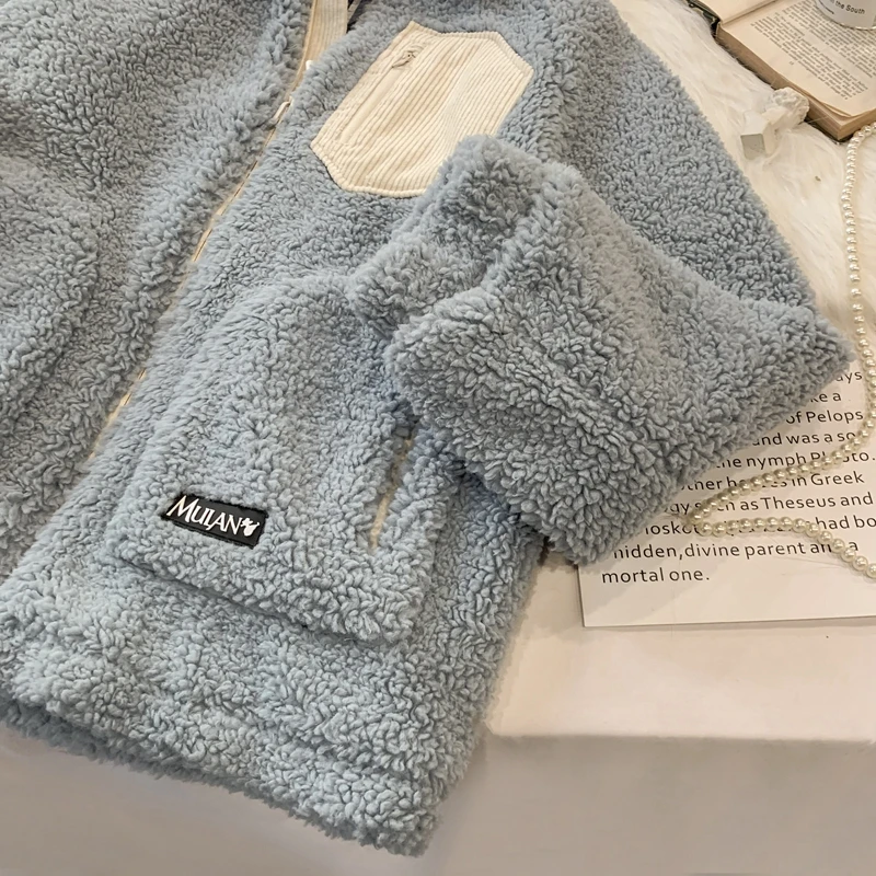 

Lamb Wool Jacket Women Winter Korean Gentle Loose Mori Lapel Collar Blue Coat Letters Pattern Outer Tops Girl Lambswool Overcoat