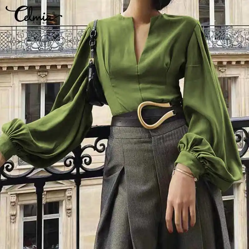 

Celmia Women Tops and Blouses 2022 Autumn Fashion Lantern Sleeve Elegant OL Shirts Long Sleeve Sexy V-Neck Casual Pleated Blusas