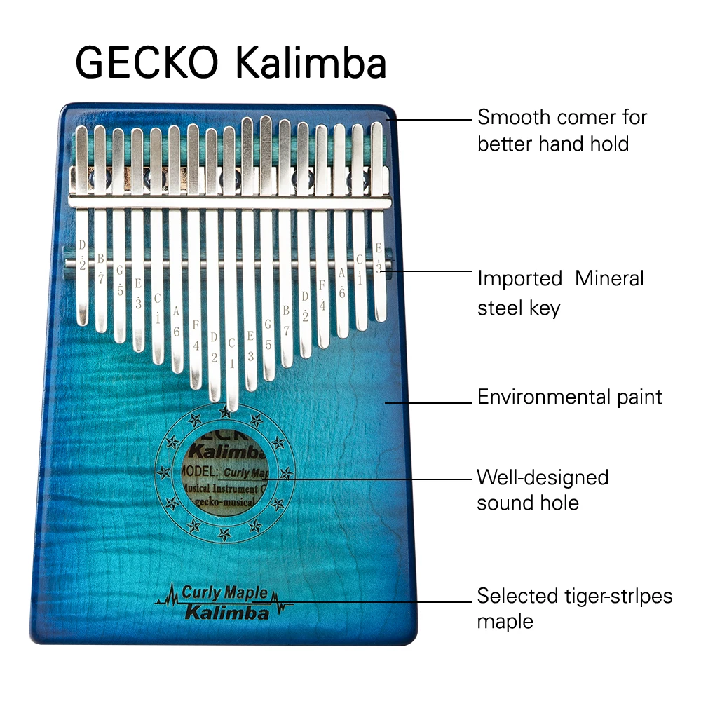 GECKO Kalimba 17 клавиш кудрявый кленовый большой палец фортепиано и EVA