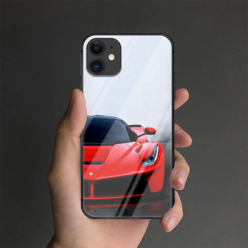 

Supercar Ferrari Phone Tempered Glass Case Cover For IPhone 6 6S 7 8 11 12 X Xr Xs Se 2020 Pro Max Plus Mini Black Tpu Shell