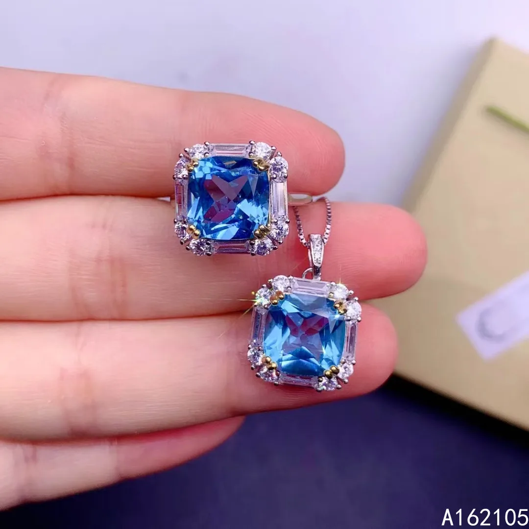 

Fine Jewelry 925 Pure Silver Chinese Style Natural Swiss Blue Topaz Women's Luxury Popular Square Gem Pendant Ring Set Support