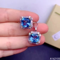 fine jewelry 925 pure silver chinese style natural swiss blue topaz womens luxury popular square gem pendant ring set support