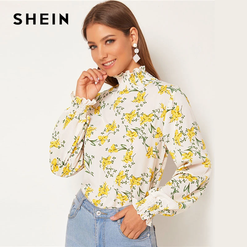 SHEIN/белая блузка с цветочным принтом и оборка, с вырезом на спине, топ, Женская весенне-осенняя Повседневная блуза с длинным рукавом с принтом «Бишоп», abaya