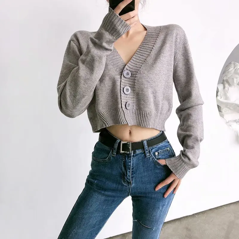 Женский однобортный трикотажный кардиган короткий свитер в Корейском стиле с